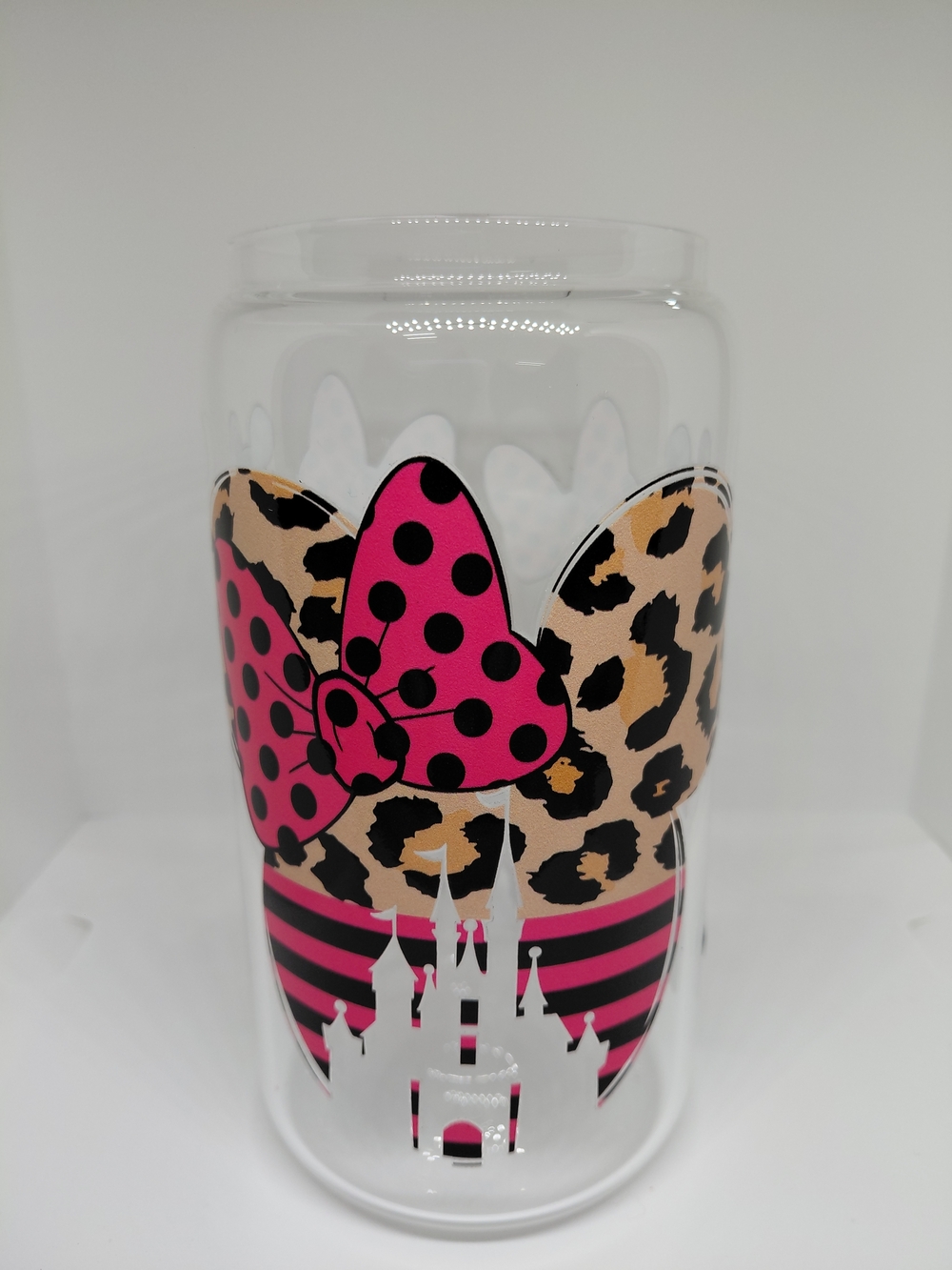 Glass Can Tumbler 16oz UVDTF Mouse Ears Castle Siloutte Pink Bows Straw Lid